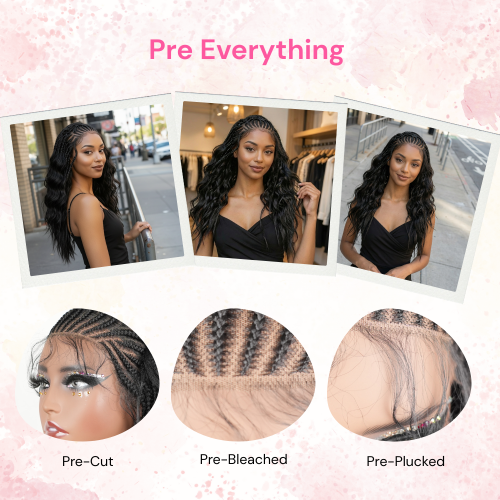 Pre-Bleached Cornrow Braids Wig With Deep Curly Human Hair 13x6 HD Frontal Lace Glueless Wig T4 / H4 Natural Black