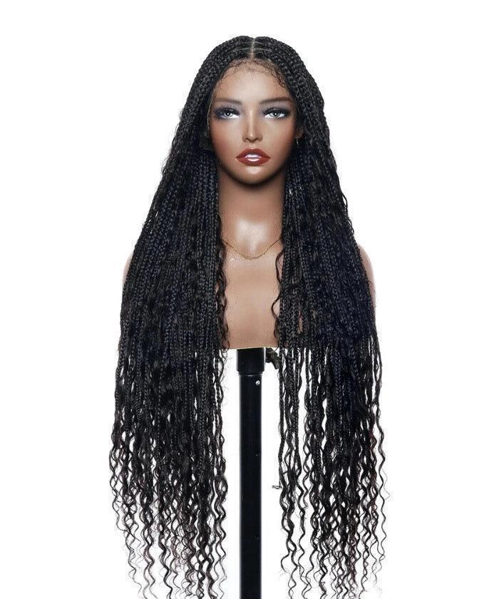 121 Strands Human Baby Hair Boho Curls Knotless Braided HD Full Lace Wig Hand-tied Natural Black