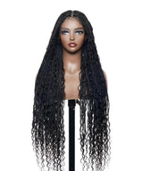121 Strands Human Baby Hair Boho Curls Knotless Braided HD Full Lace Wig Hand-tied Natural Black