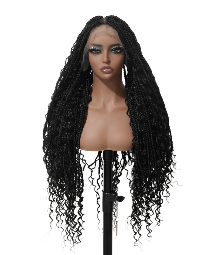 121 Strands Human Baby Hair Boho Curls Knotless Braided HD Full Lace Wig Hand-tied Natural Black