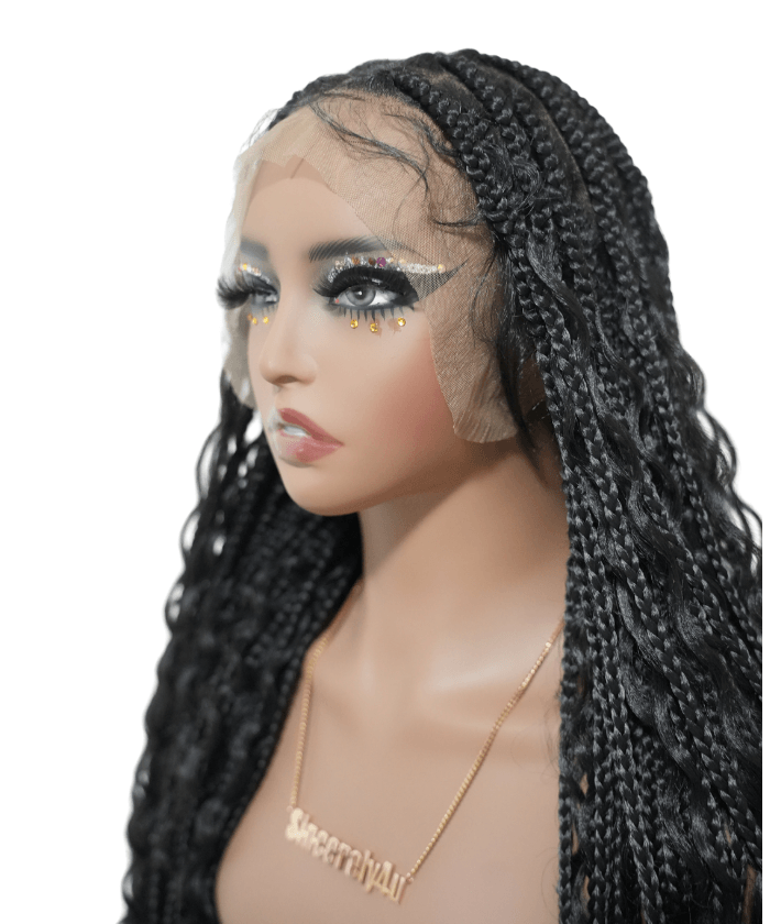 32" Human Baby Hair Boho Curls Hand-tied Knotless Box Braided HD Full Lace Wig
