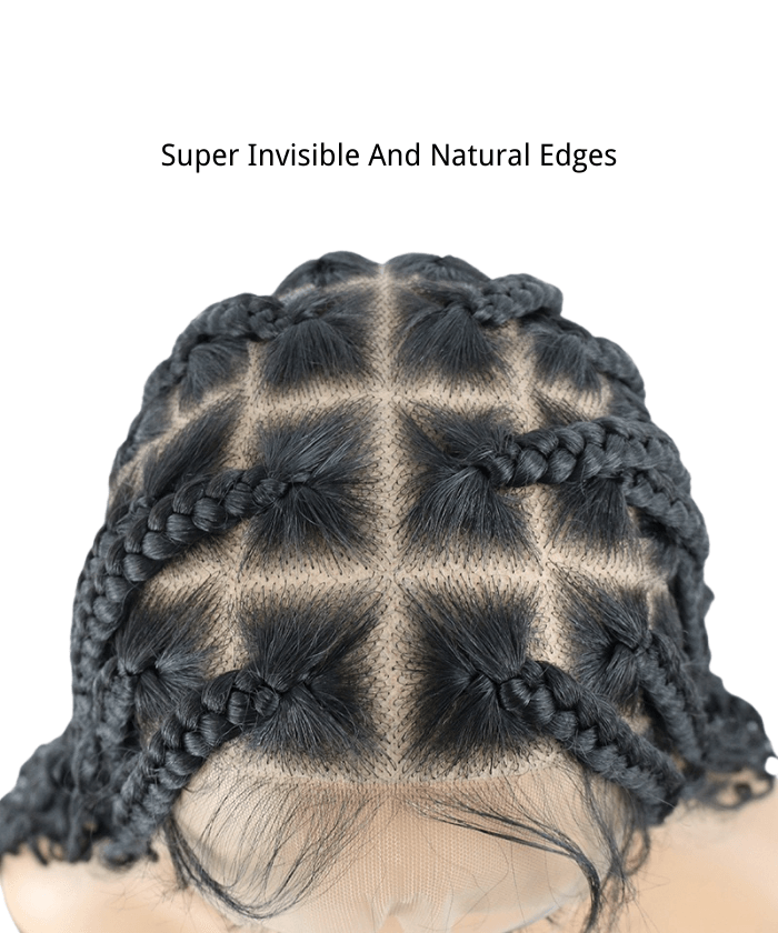 32" Human Baby Hair Boho Curls Hand-tied Knotless Box Braided HD Full Lace Wig