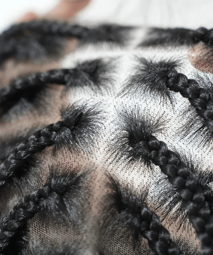 24" Human Baby Hair Boho Curls Hand-tied Knotless Box Braided HD Full Lace Wig