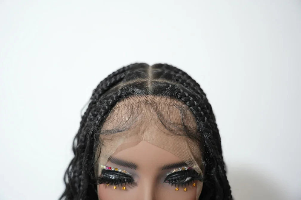 24" Human Baby Hair Boho Curls Hand-tied Knotless Box Braided HD Full Lace Wig