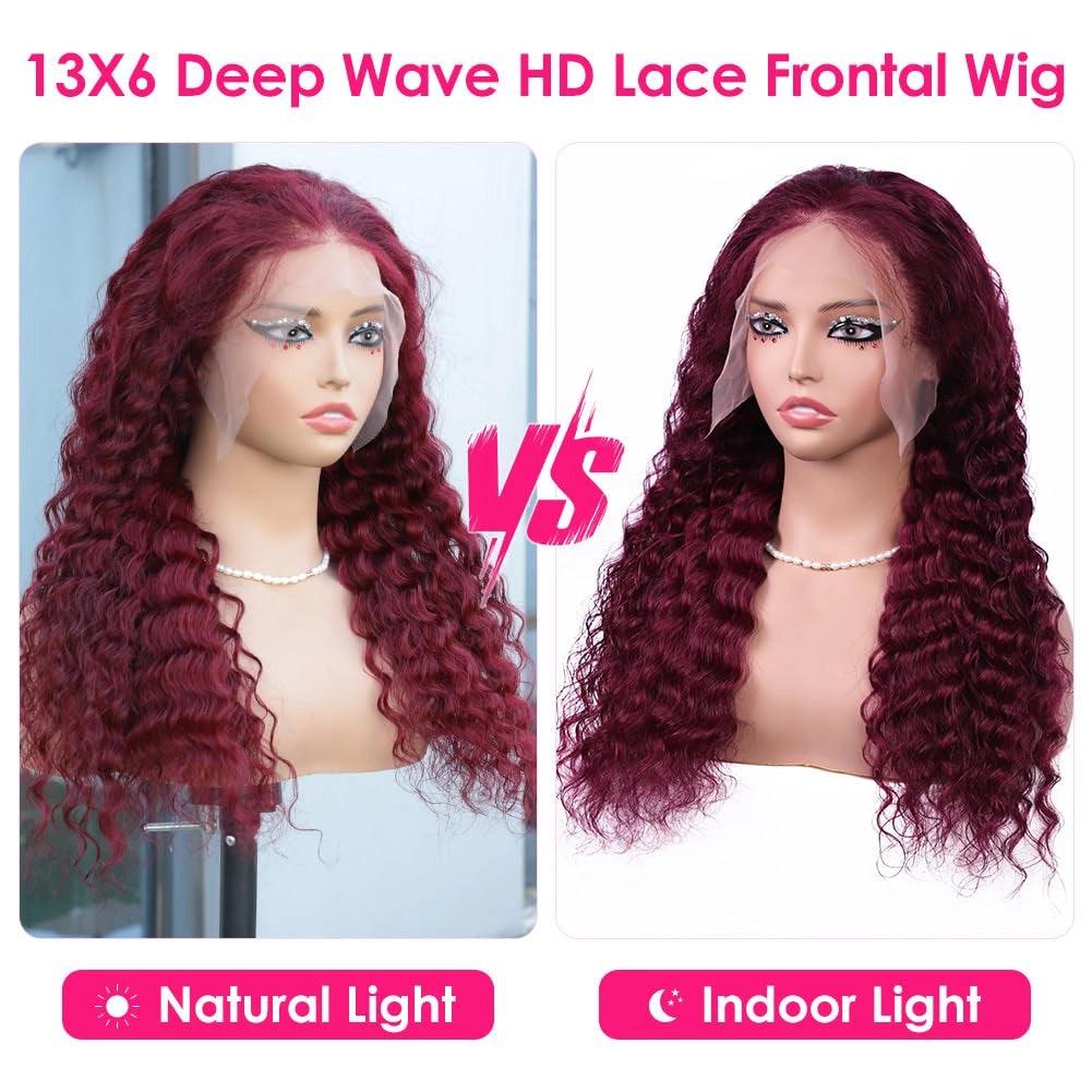 180% Density 99j Burgundy HD Transparent Lace Frontal Wig Deep Wave Human Hair