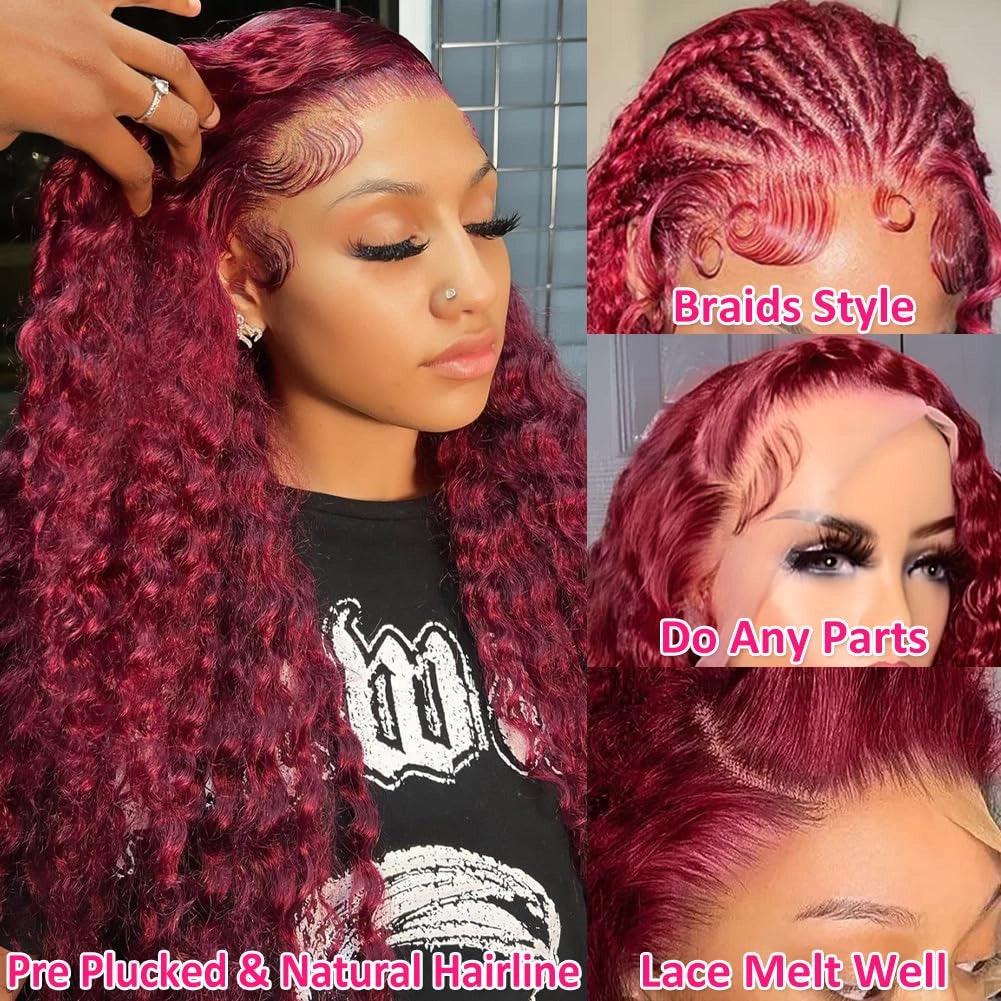 180% Density 99j Burgundy HD Transparent Lace Frontal Wig Deep Wave Human Hair