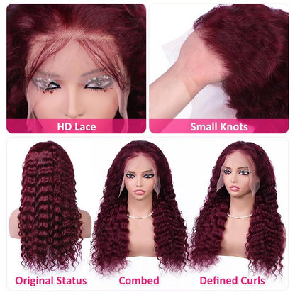 180% Density 99j Burgundy HD Transparent Lace Frontal Wig Deep Wave Human Hair