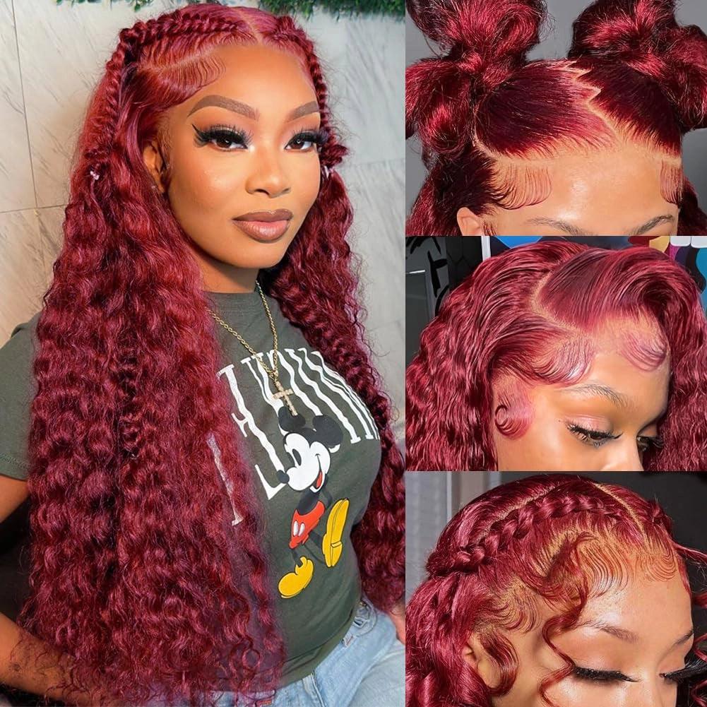 180% Density 99j Burgundy HD Transparent Lace Frontal Wig Deep Wave Human Hair