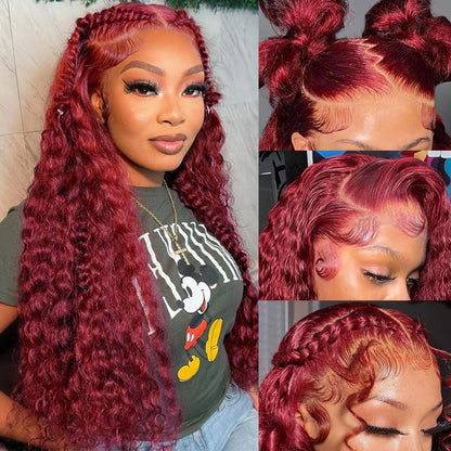 250% Density 99j Burgundy HD Transparent Lace Frontal Wig Deep Wave Human Hair