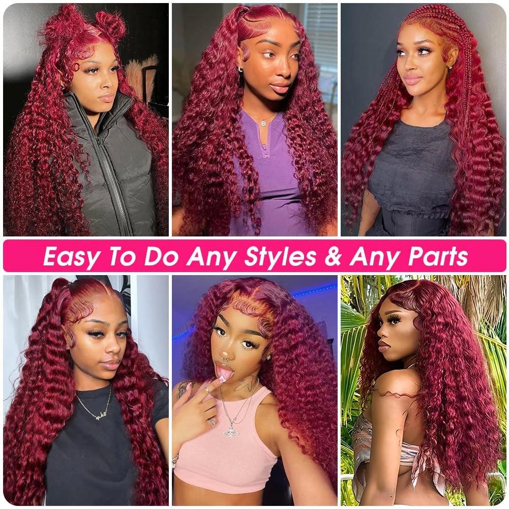 250% Density 99j Burgundy HD Transparent Lace Frontal Wig Deep Wave Human Hair