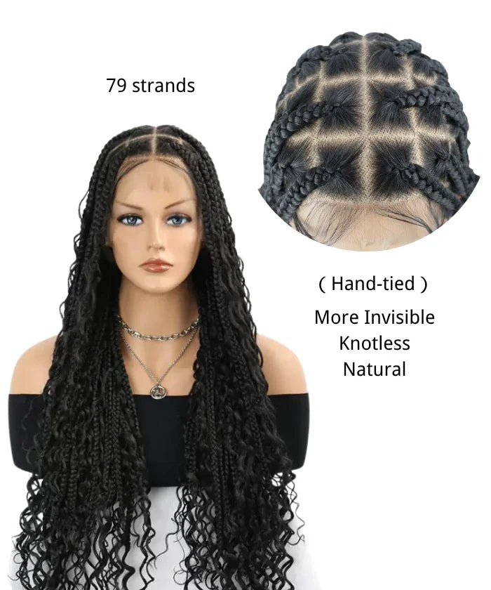 32" Human Baby Hair Boho Curls Hand-tied Knotless Box Braided HD Full Lace Wig