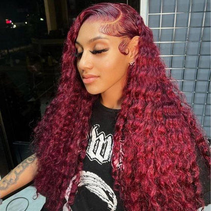 250% Density 99j Burgundy HD Transparent Lace Frontal Wig Deep Wave Human Hair