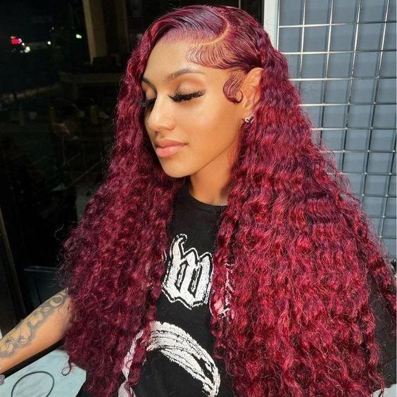 200% Density 99j Burgundy HD Transparent Lace Frontal Wig Deep Wave Human Hair