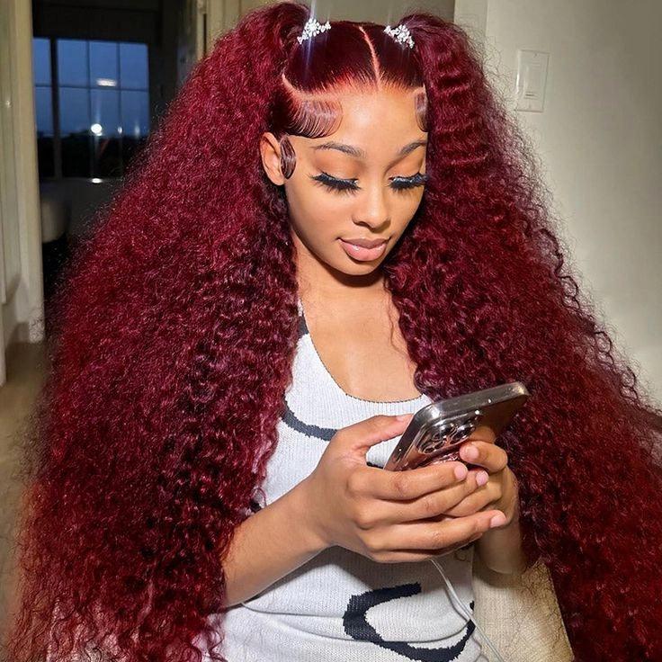 250% Density 99j Burgundy HD Transparent Lace Frontal Wig Deep Wave Human Hair