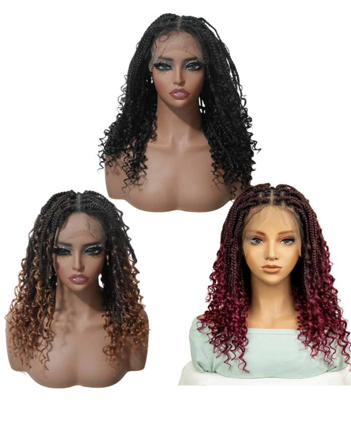 24" HD Full Lace Boho Box Braided Wig With Human Baby Hair Natural Black + Ombre Brown + Burgundy