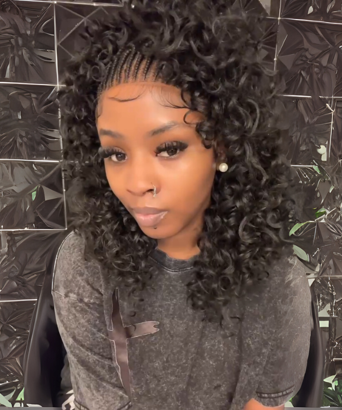 Hand-tied Cornrow Braids Wig with Curly Hair HD Lace Wear Go Glueless Wig T3 Natural Black