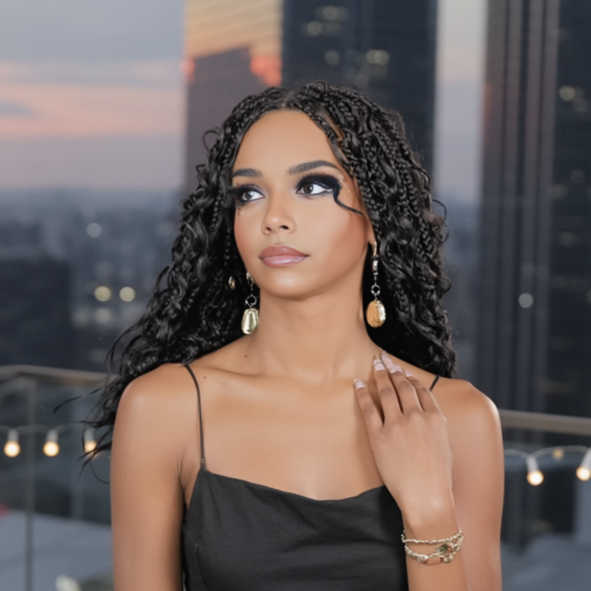 HD Full Lace Hand-tied Knotless Boho Box Braided With Curls Wear Go Glueless Wig Natural Black