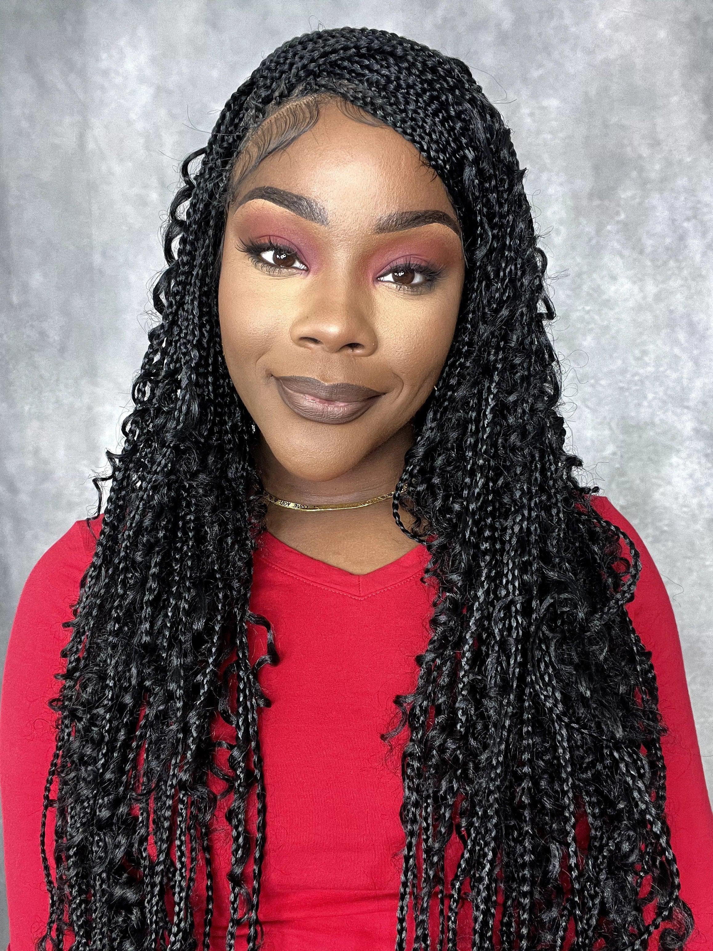 121 Strands Human Baby Hair Boho Curls Knotless Braided HD Full Lace Wig Hand-tied Natural Black