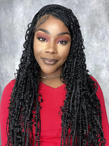 121 Strands Human Baby Hair Boho Curls Knotless Braided HD Full Lace Wig Hand-tied Natural Black