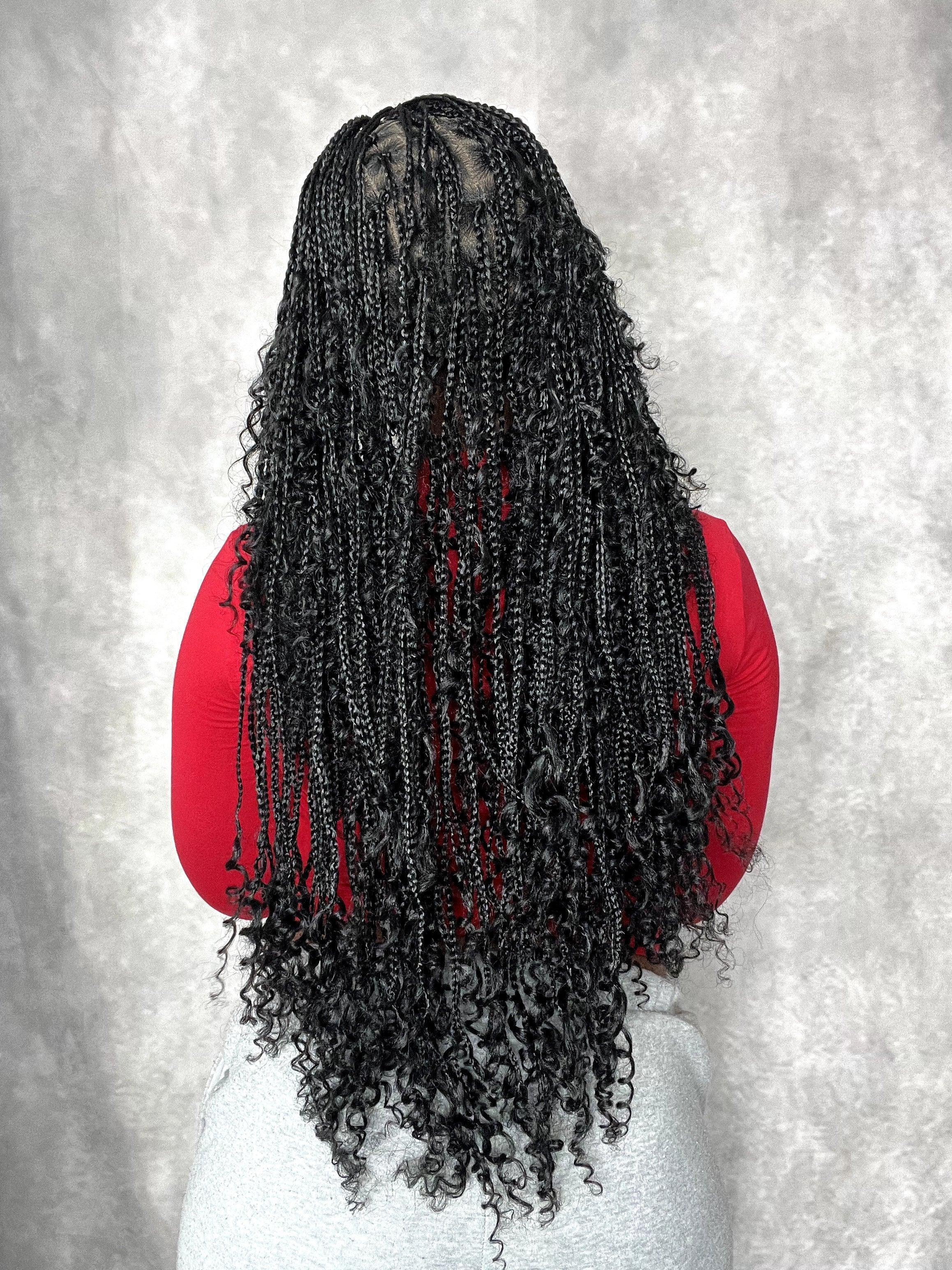 121 Strands Human Baby Hair Boho Curls Knotless Braided HD Full Lace Wig Hand-tied Natural Black