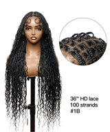 121 Strands Human Baby Hair Boho Curls Knotless Braided HD Full Lace Wig Hand-tied Natural Black