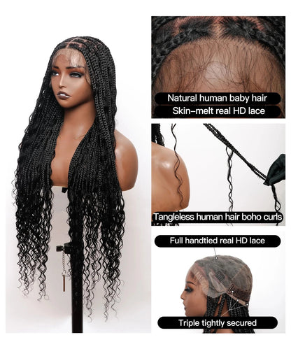 Deep Curly Boho Knotless Braided HD Full Lace Wig