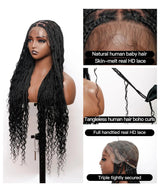 121 Strands Human Baby Hair Boho Curls Knotless Braided HD Full Lace Wig Hand-tied Natural Black