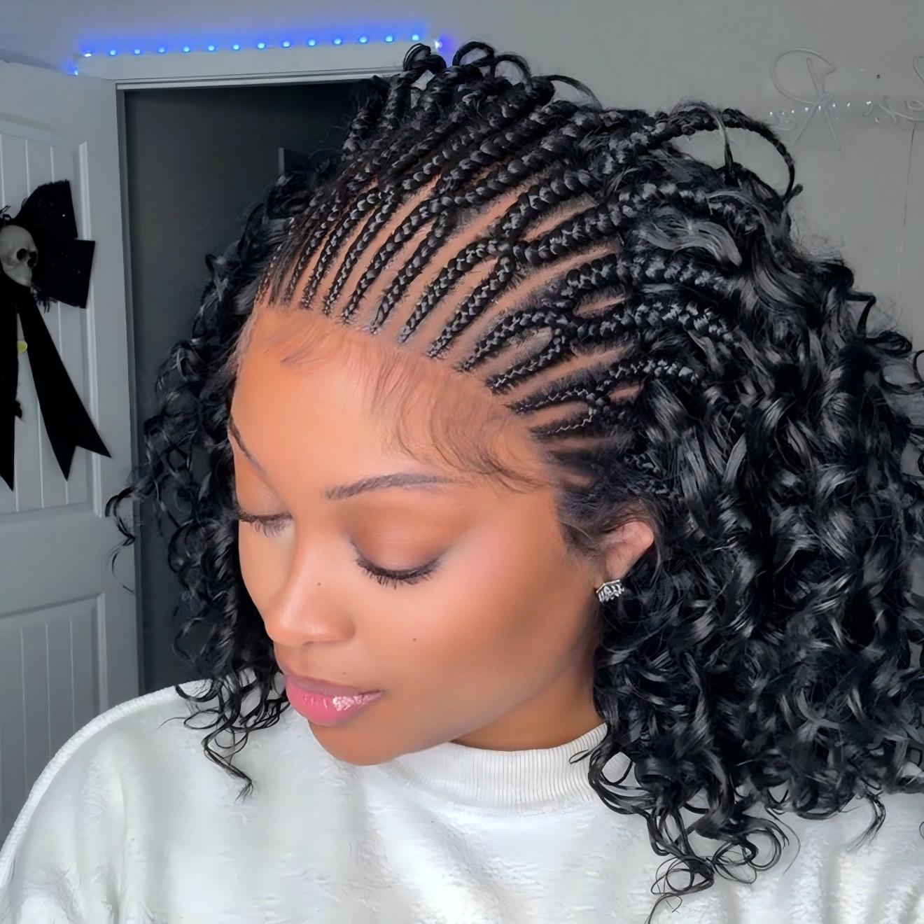 Pre-Bleached Cornrow Braids Wig With Deep Curly Human Hair 13x6 HD Frontal Lace Glueless Wig T3 / H3 Natural Black