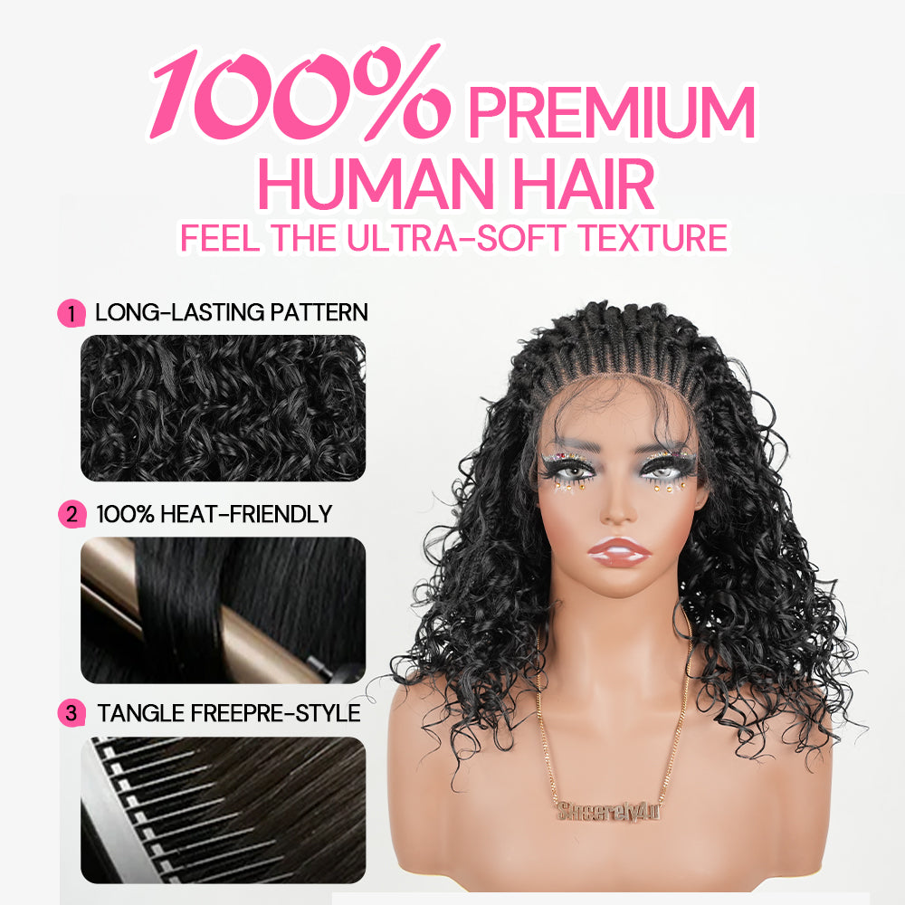 Pre-Bleached Cornrow Braids Wig With Deep Curly Human Hair 13x6 HD Frontal Lace Glueless Wig T3 / H3 Natural Black