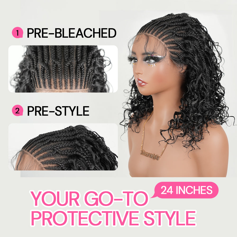 Pre-Bleached Cornrow Braids Wig With Deep Curly Human Hair 13x6 HD Frontal Lace Glueless Wig T3 / H3 Natural Black