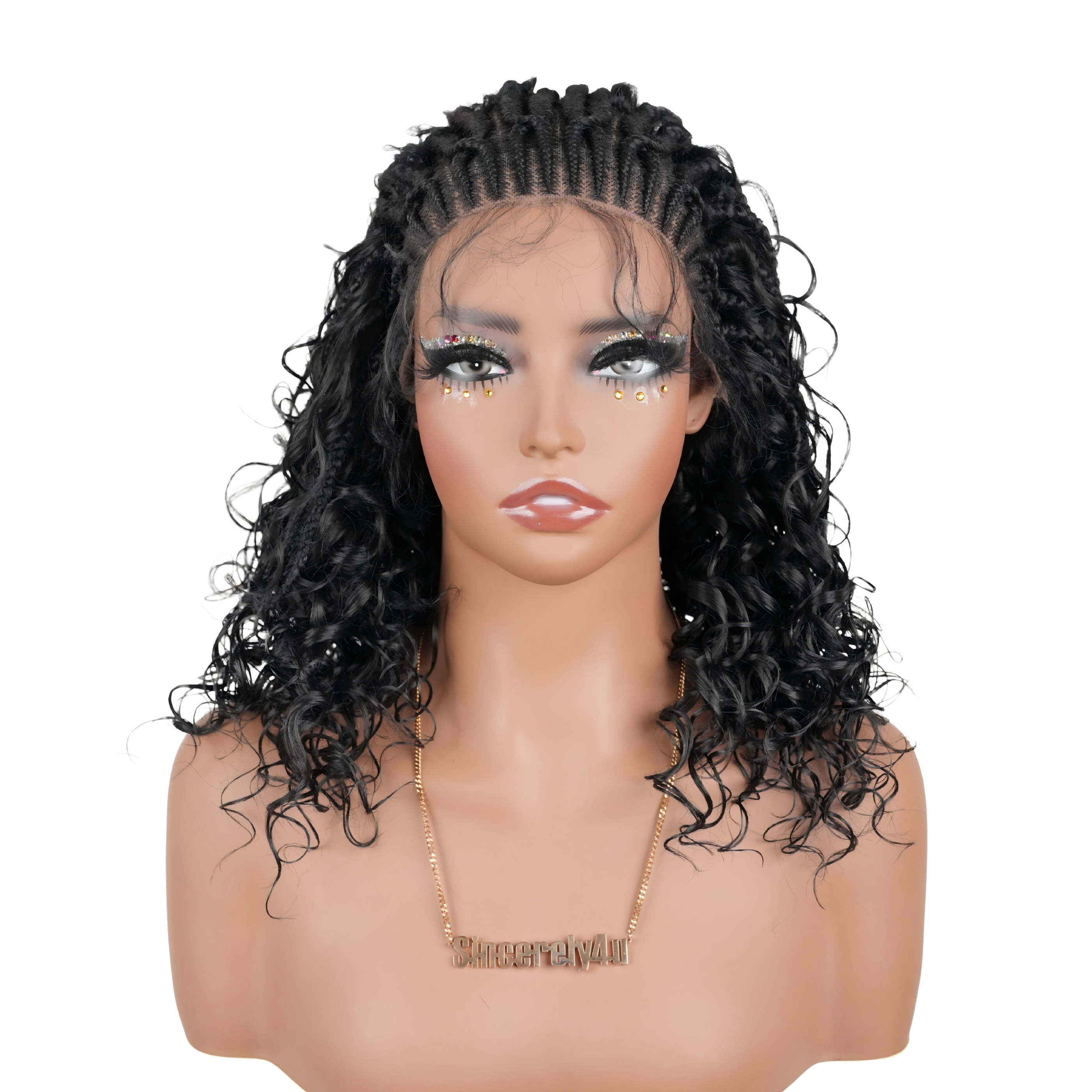 Pre-Bleached Cornrow Braids Wig With Deep Curly Human Hair 13x6 HD Frontal Lace Glueless Wig T3 / H3 Natural Black