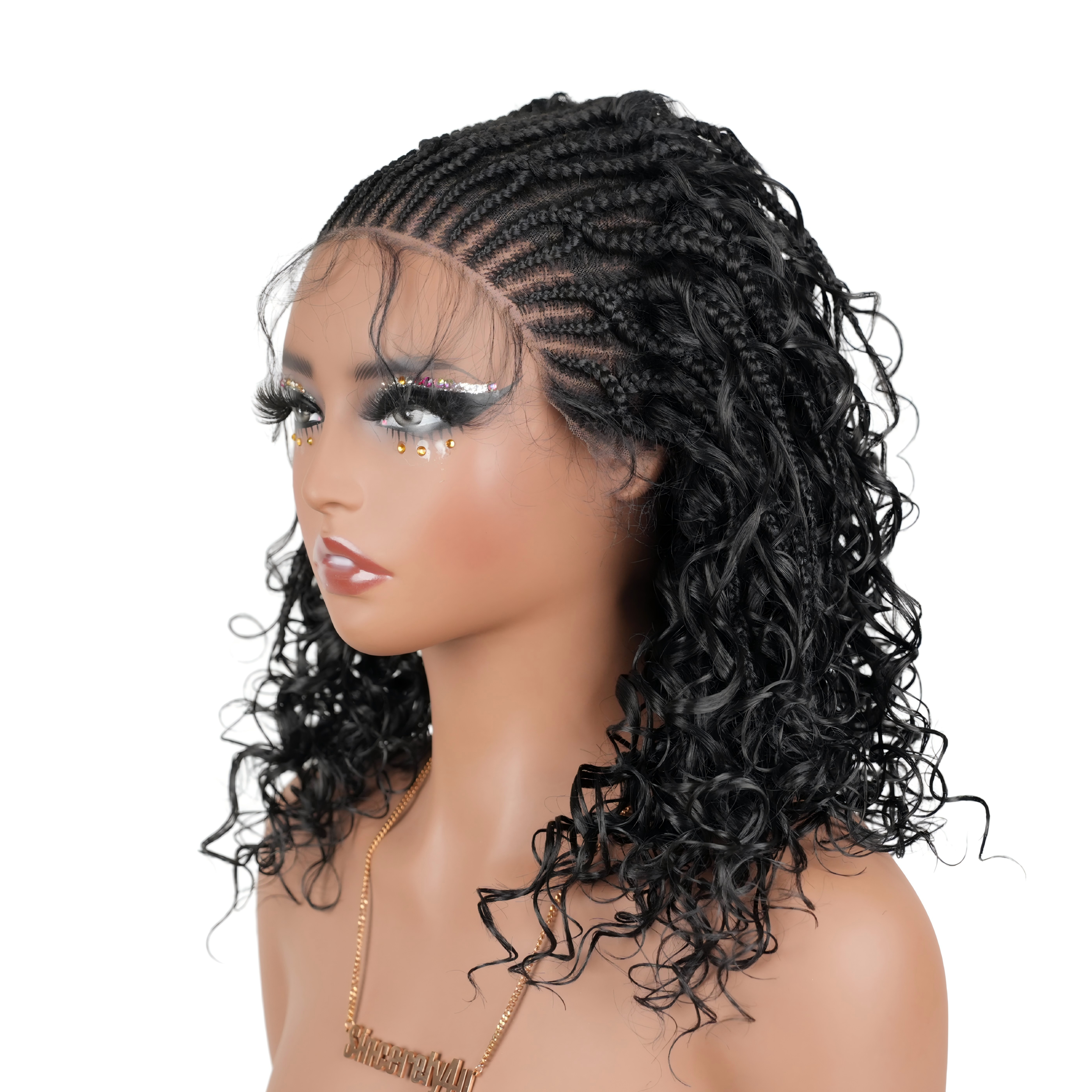 Pre-Bleached Cornrow Braids Wig With Deep Curly Human Hair 13x6 HD Frontal Lace Glueless Wig T3 / H3 Natural Black