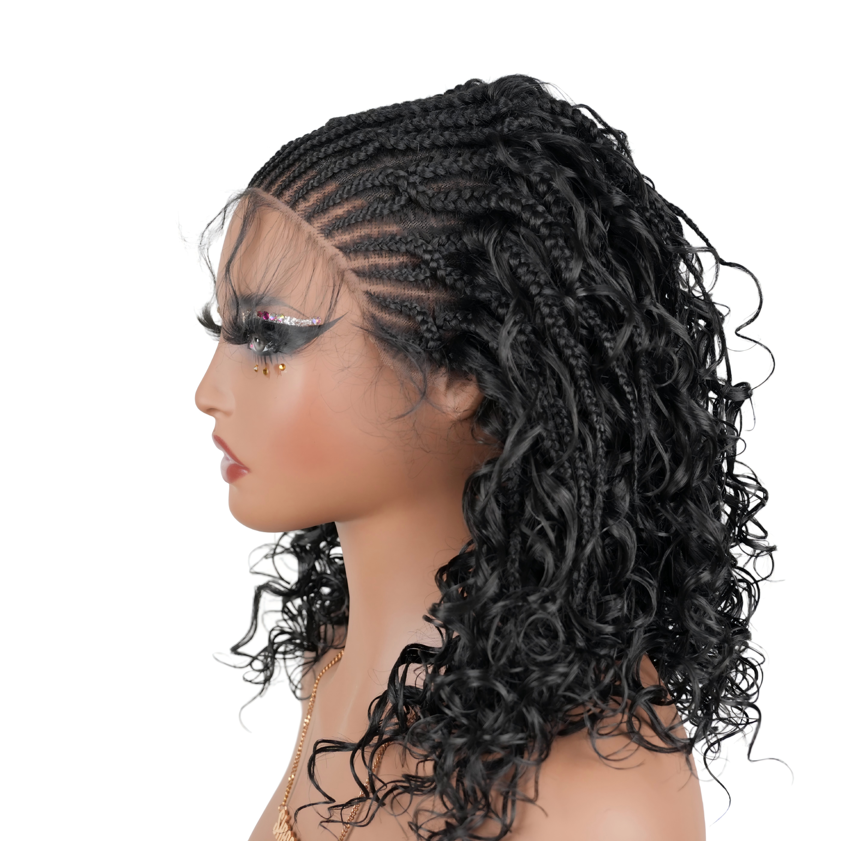 Pre-Bleached Cornrow Braids Wig With Deep Curly Human Hair 13x6 HD Frontal Lace Glueless Wig T3 / H3 Natural Black