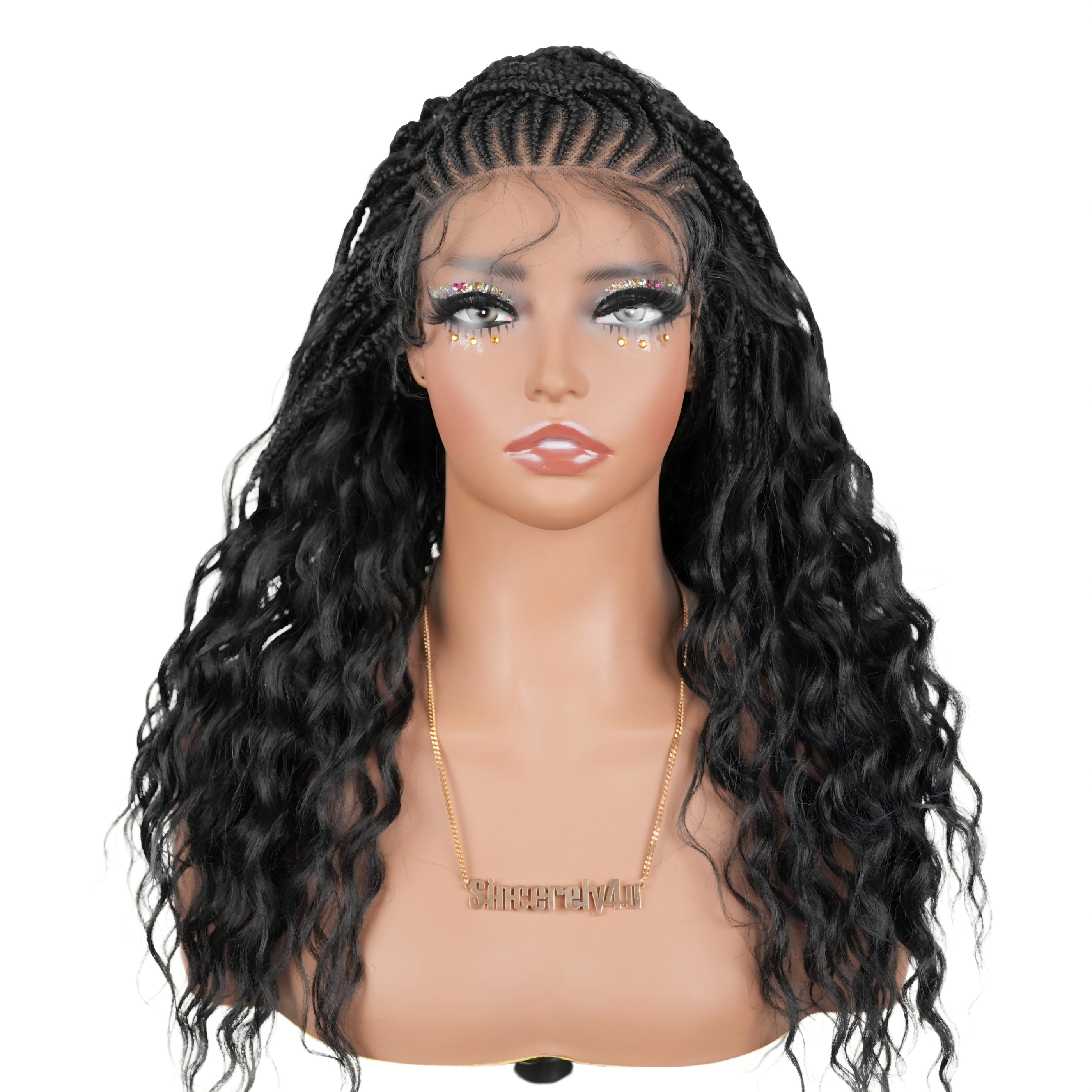 Hand-tied Cornrow Braids Wig with Curly Hair HD Lace Wear Go Glueless Wig T4 Natural Black
