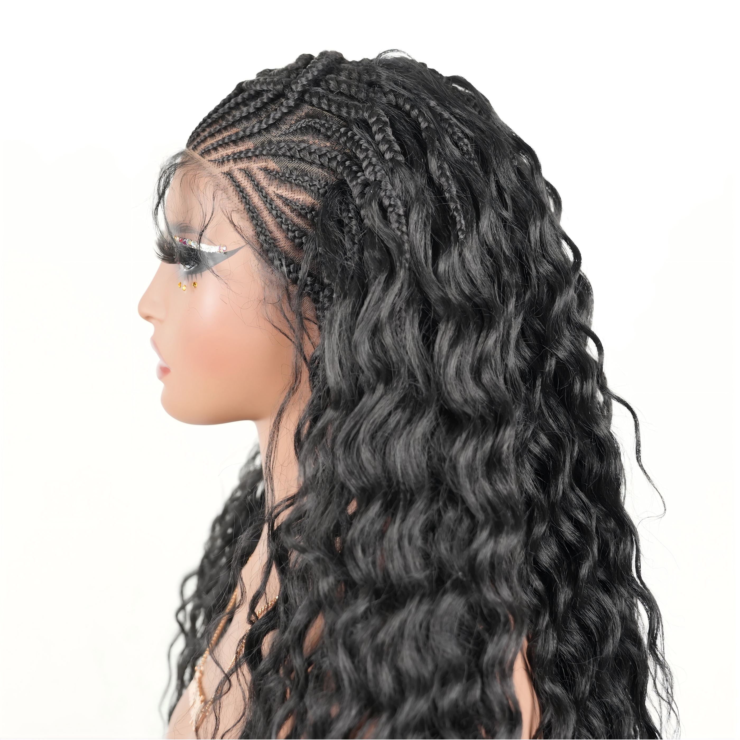 Hand-tied Cornrow Braids Wig with Curly Hair HD Lace Wear Go Glueless Wig T4 Natural Black