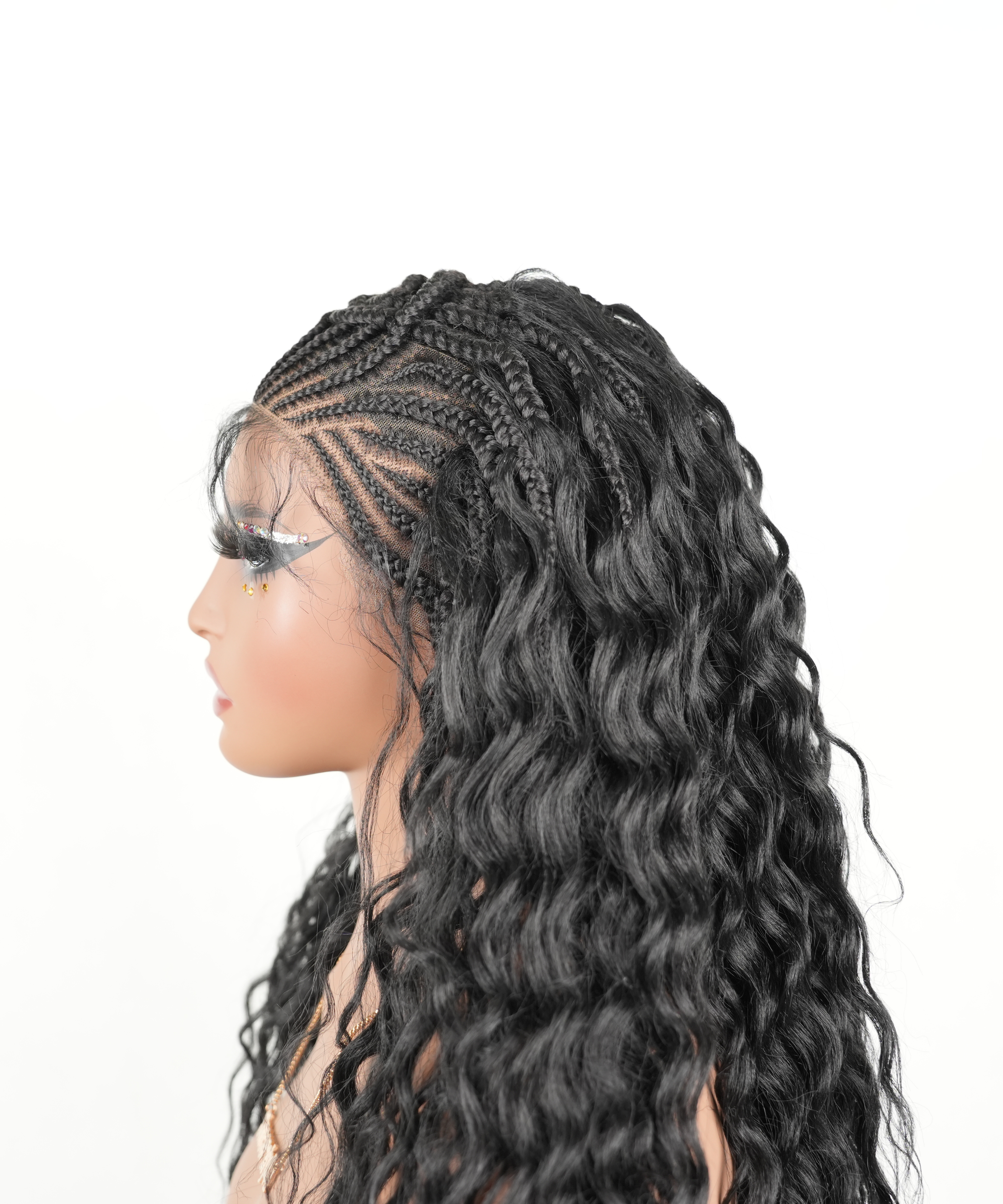 Hand-tied Cornrow Braids Wig with Curly Hair HD Lace Wear Go Glueless Wig T4 Natural Black