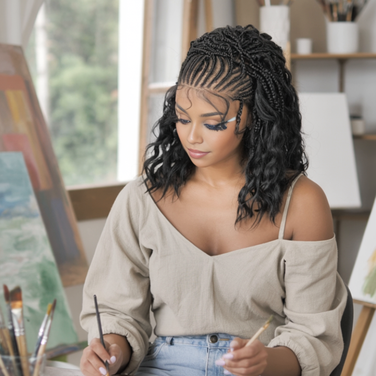 Hand-tied Cornrow Braids Wig with Curly Hair HD Lace Wear Go Glueless Wig T4 Natural Black