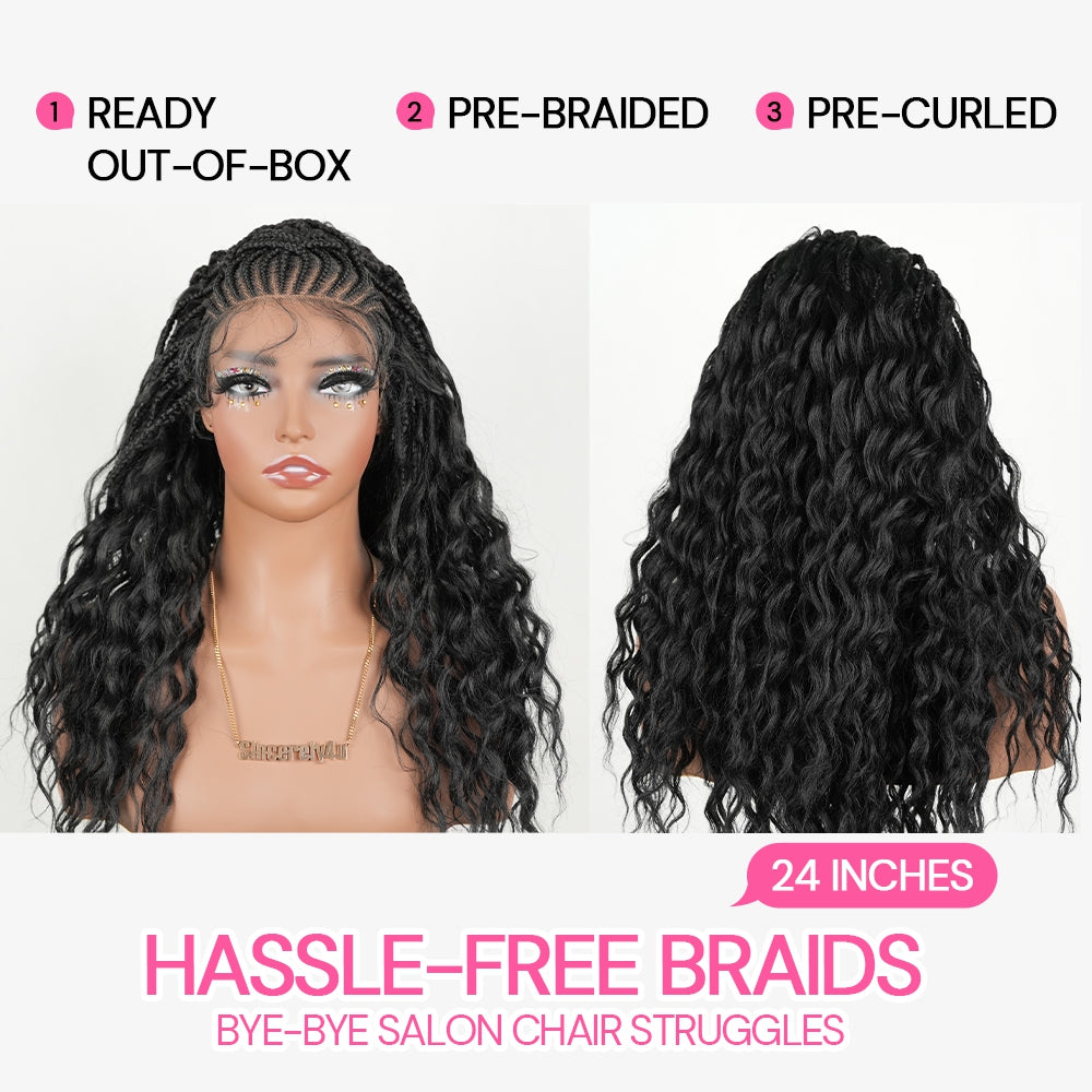 Pre-Bleached Cornrow Braids Wig With Deep Curly Human Hair 13x6 HD Frontal Lace Glueless Wig T4 / H4 Natural Black