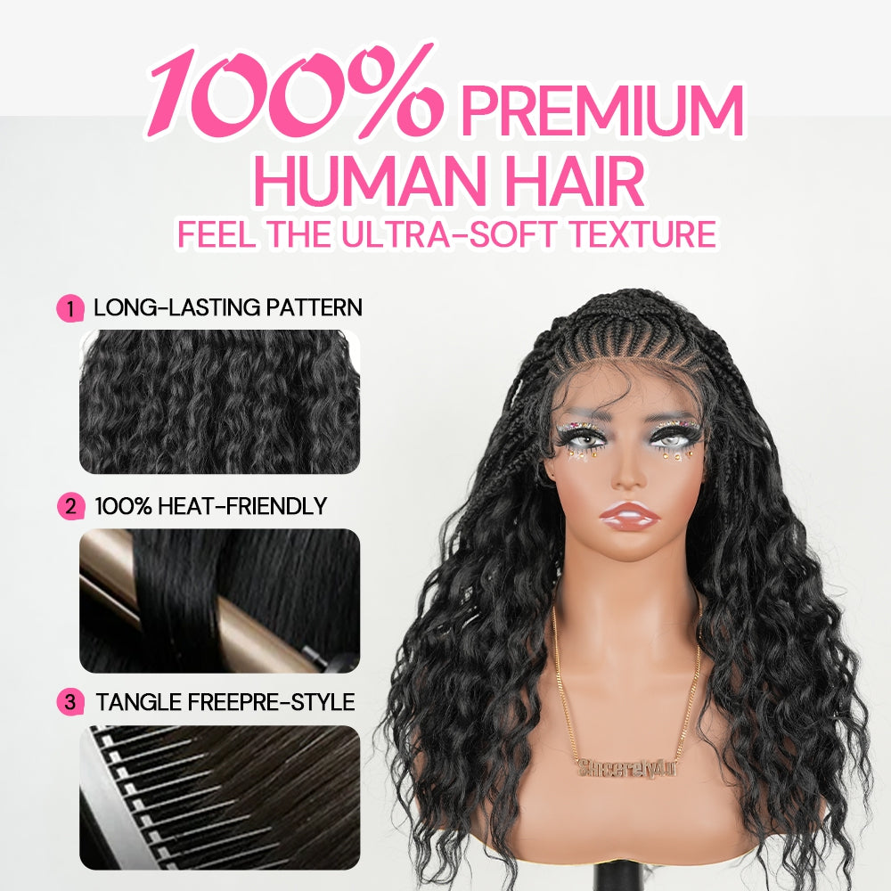 Pre-Bleached Cornrow Braids Wig With Deep Curly Human Hair 13x6 HD Frontal Lace Glueless Wig T4 / H4 Natural Black