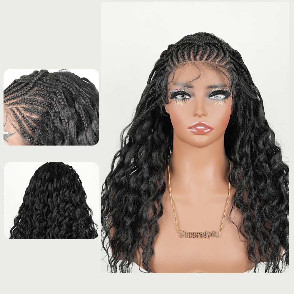 Pre-Bleached Cornrow Braids Wig With Deep Curly Human Hair 13x6 HD Frontal Lace Glueless Wig T4 / H4 Natural Black