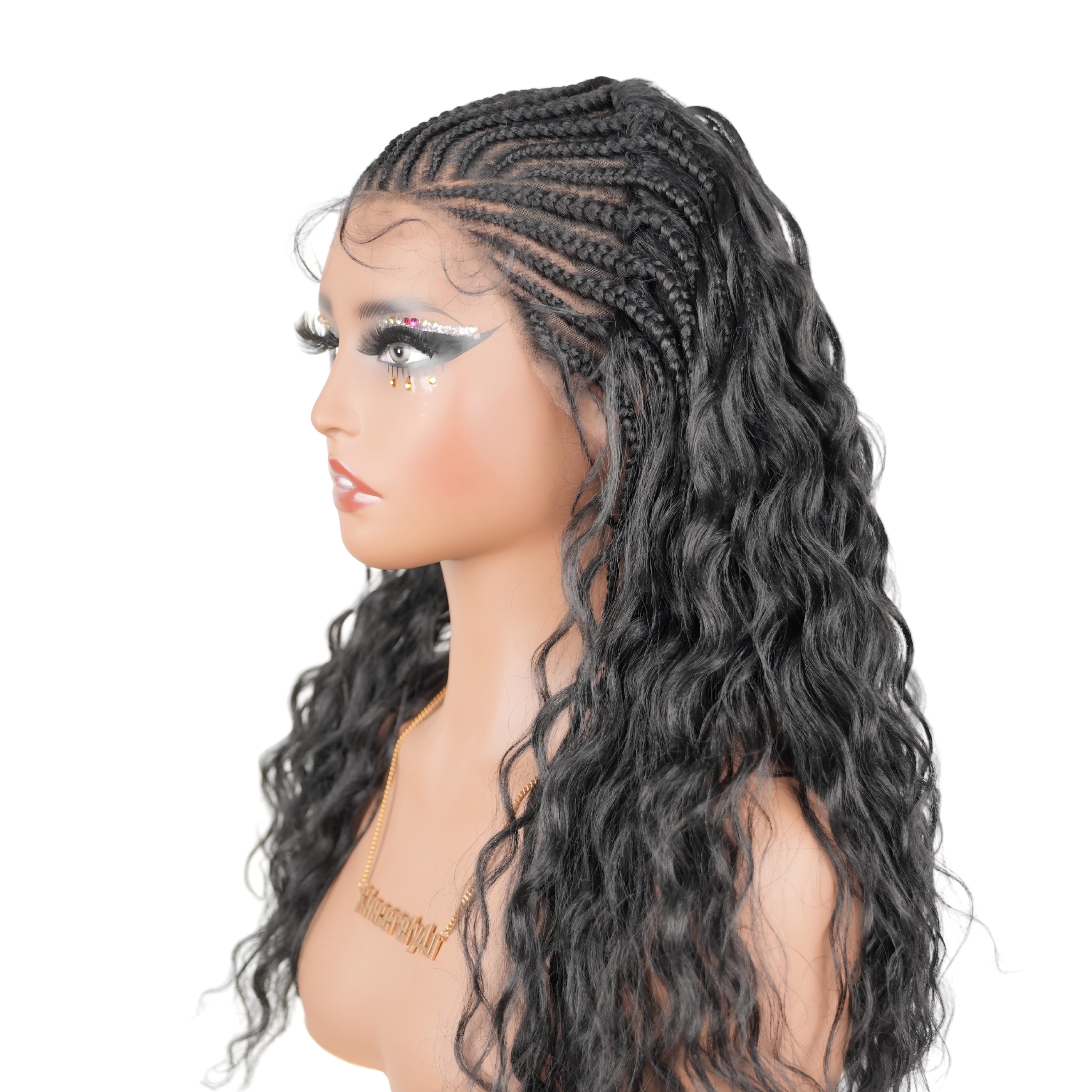 Hand-tied Cornrow Braids Wig with Curly Hair HD Lace Wear Go Glueless Wig T5 Natural Black