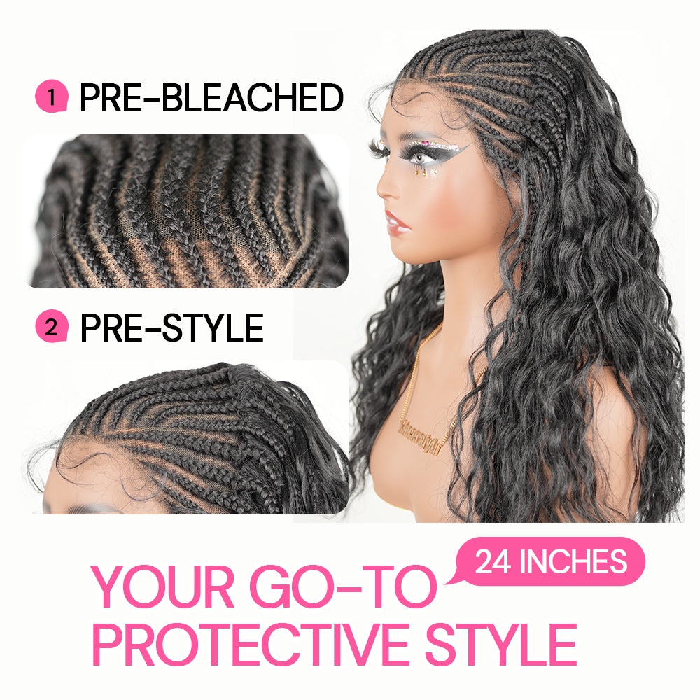 Pre-Bleached Cornrow Braids Wig With Deep Curly Human Hair 13x6 HD Frontal Lace Glueless Wig T5 / H5 Natural Black