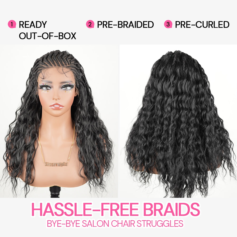 Pre-Bleached Cornrow Braids Wig With Deep Curly Human Hair 13x6 HD Frontal Lace Glueless Wig T5 / H5 Natural Black