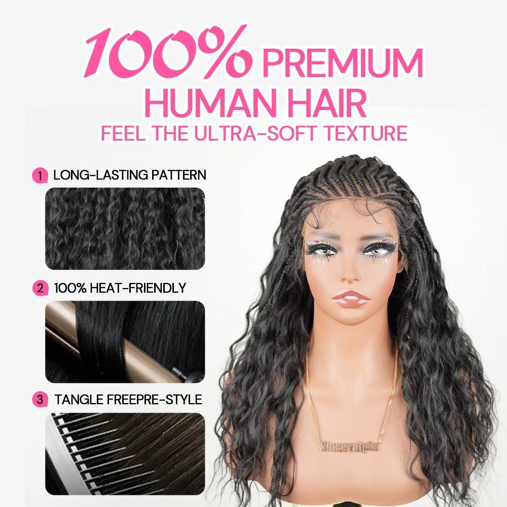 Pre-Bleached Cornrow Braids Wig With Deep Curly Human Hair 13x6 HD Frontal Lace Glueless Wig T5 / H5 Natural Black