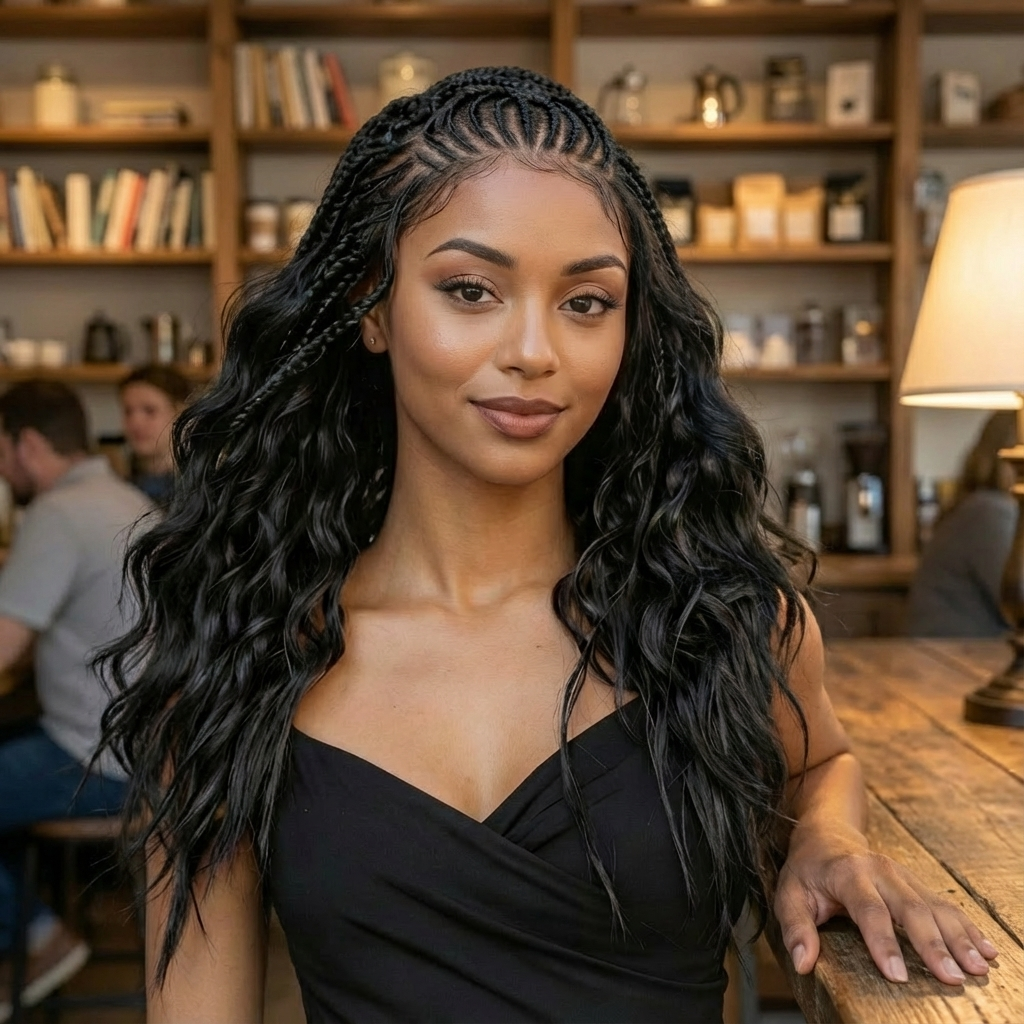 Pre-Bleached Cornrow Braids Wig With Deep Curly Human Hair 13x6 HD Frontal Lace Glueless Wig T4 / H4 Natural Black