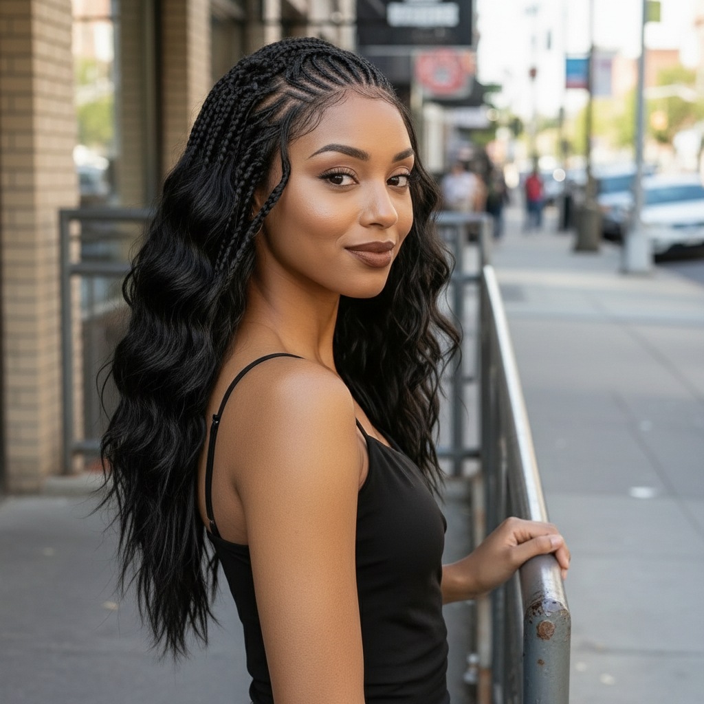 Pre-Bleached Cornrow Braids Wig With Deep Curly Human Hair 13x6 HD Frontal Lace Glueless Wig T4 / H4 Natural Black