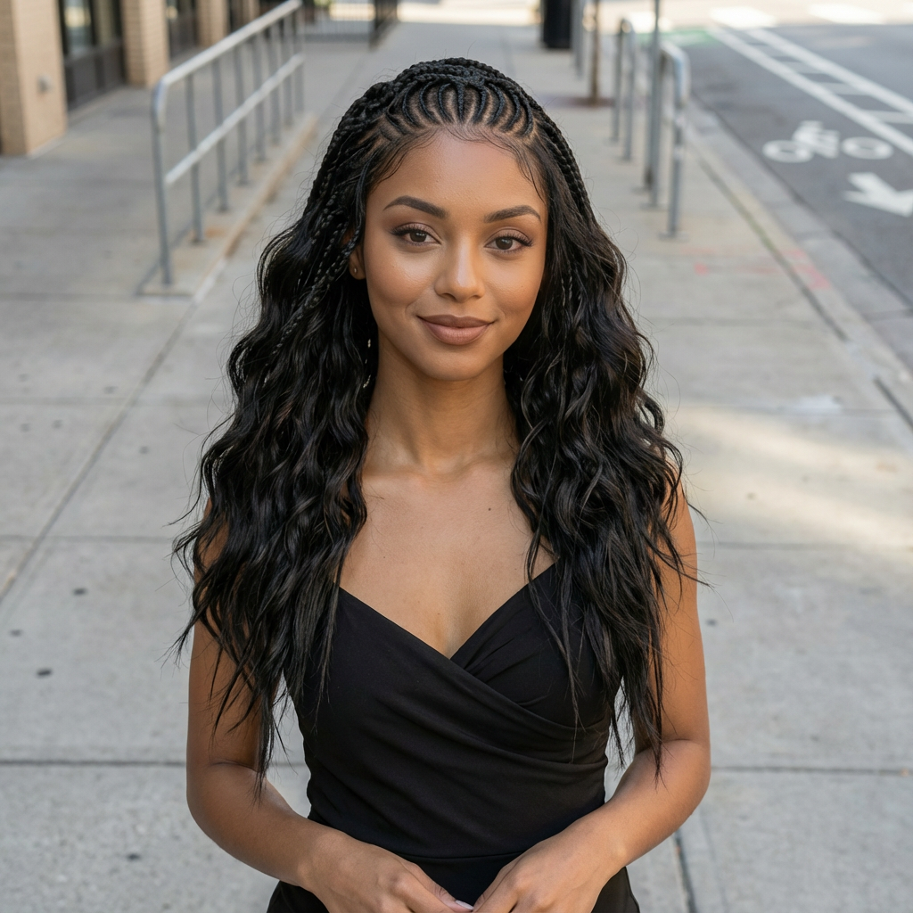 Pre-Bleached Cornrow Braids Wig With Deep Curly Human Hair 13x6 HD Frontal Lace Glueless Wig T4 / H4 Natural Black