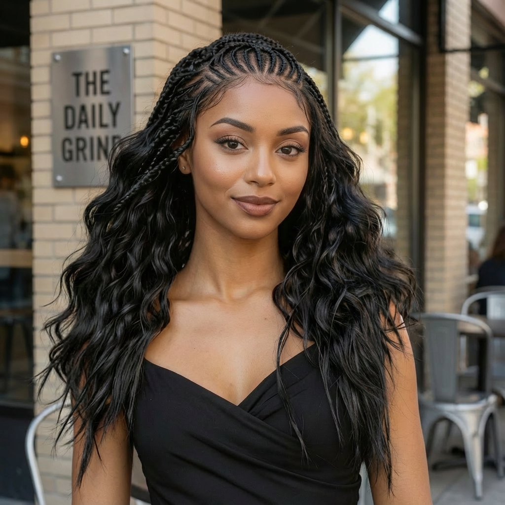 Pre-Bleached Cornrow Braids Wig With Deep Curly Human Hair 13x6 HD Frontal Lace Glueless Wig T4 / H4 Natural Black