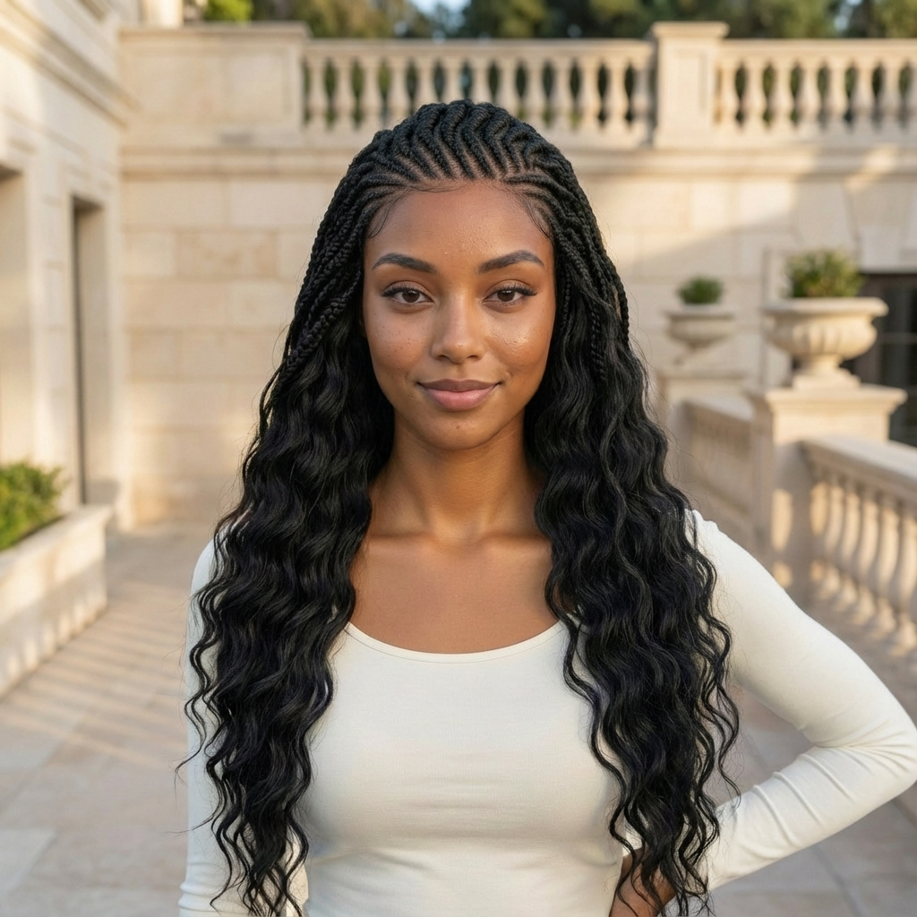 Pre-Bleached Cornrow Braids Wig With Deep Curly Human Hair 13x6 HD Frontal Lace Glueless Wig T5 / H5 Natural Black