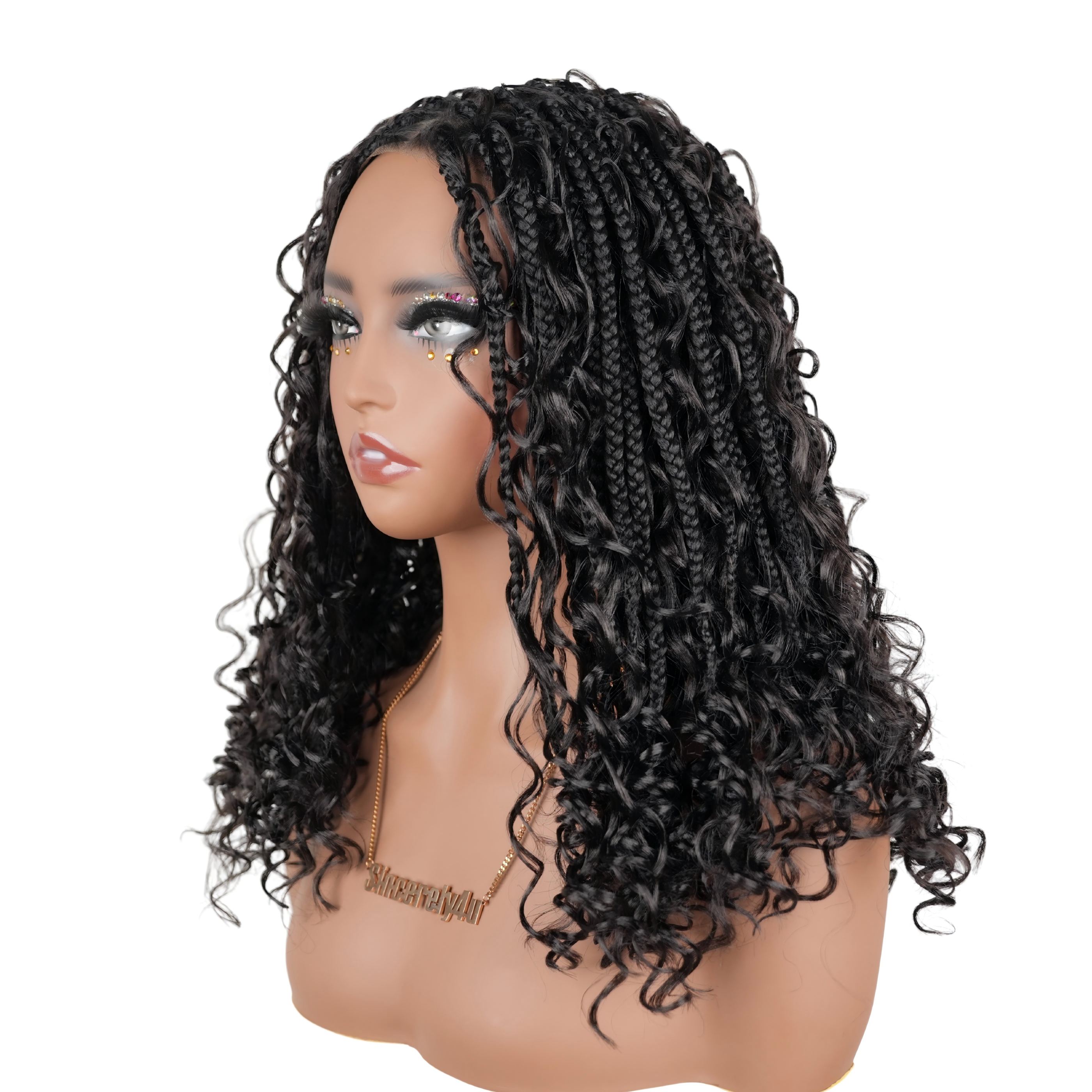 HD Full Lace Hand-tied Knotless Boho Box Braided With Curls Wear Go Glueless Wig Natural Black
